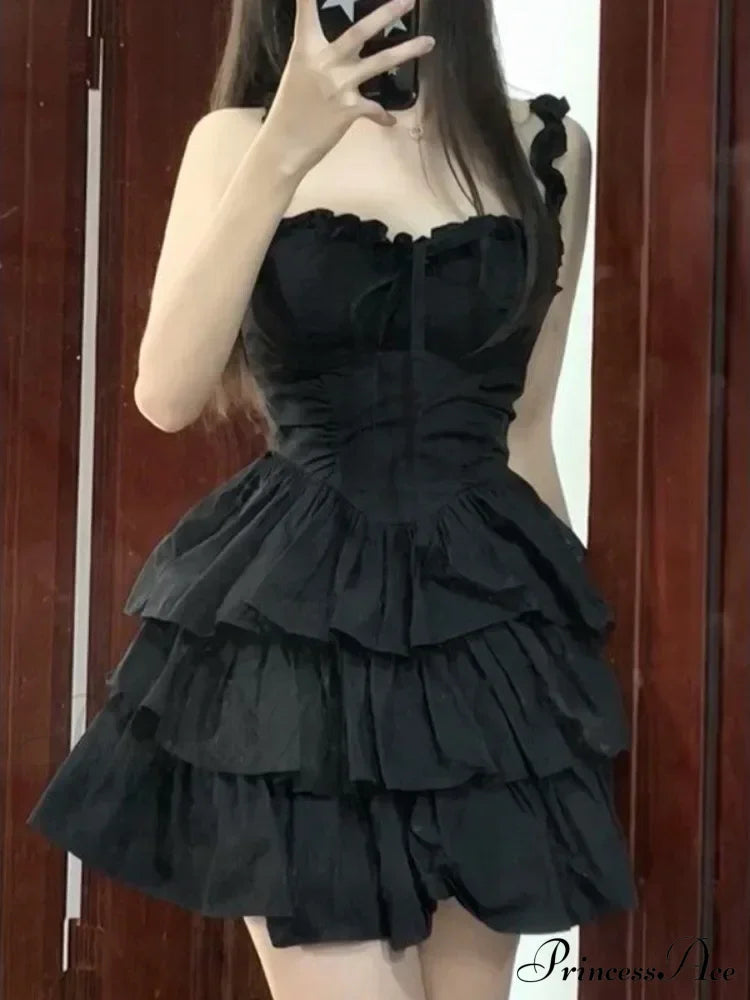 Hrajuku Goth Lolita Kawaii Cute Black Ruffles Soft Girl Y2K Coquette Fashion Cake Party Short Dress