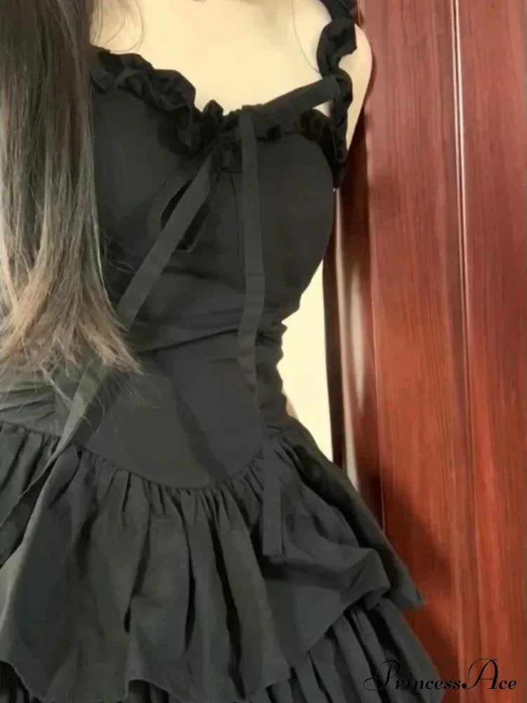 Hrajuku Goth Lolita Kawaii Cute Black Ruffles Soft Girl Y2K Coquette Fashion Cake Party Short Dress