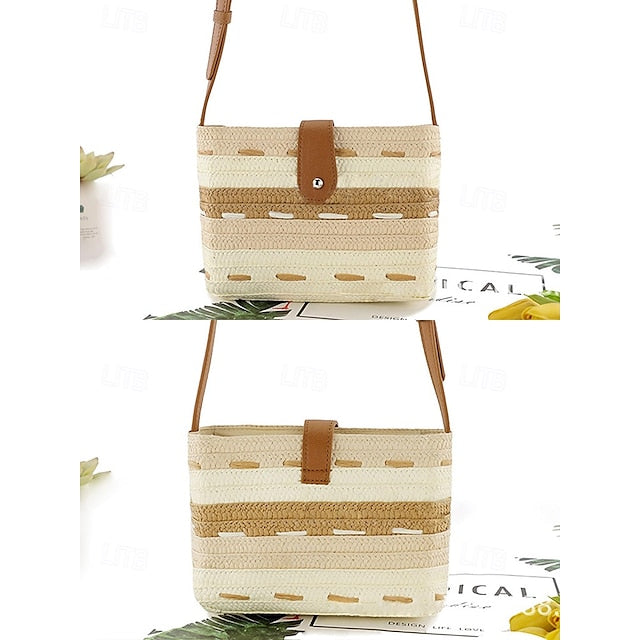 Striped with Bag Colorblock Straw Woven Brown Tote