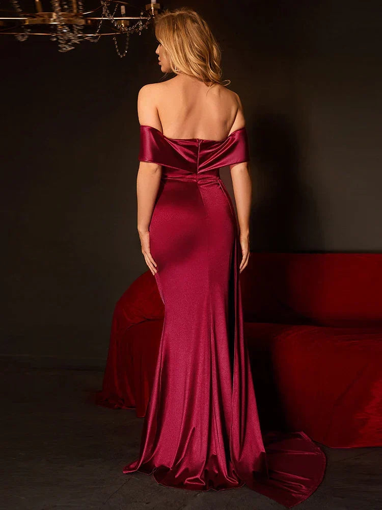 Satin Off Shoulder Foldover Draped Mermaid Gown