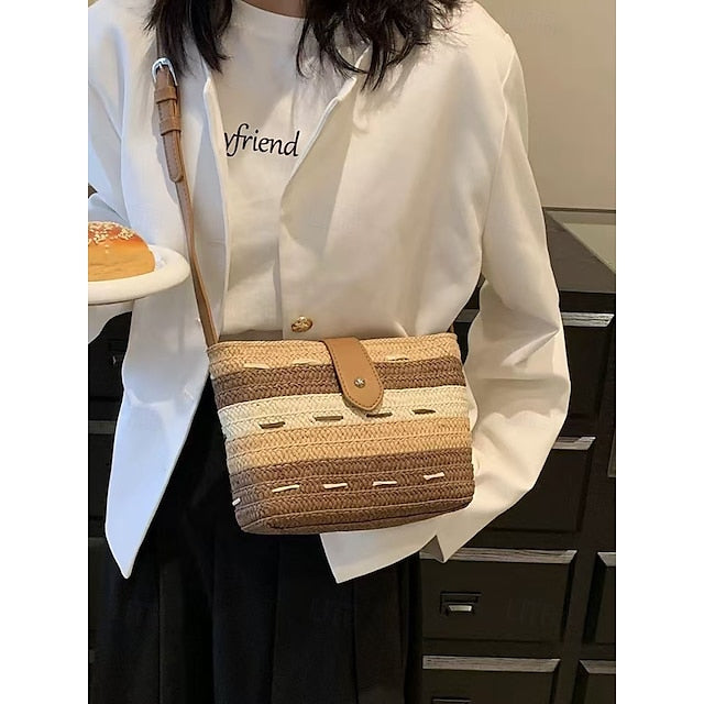 Striped with Bag Colorblock Straw Woven Brown Tote