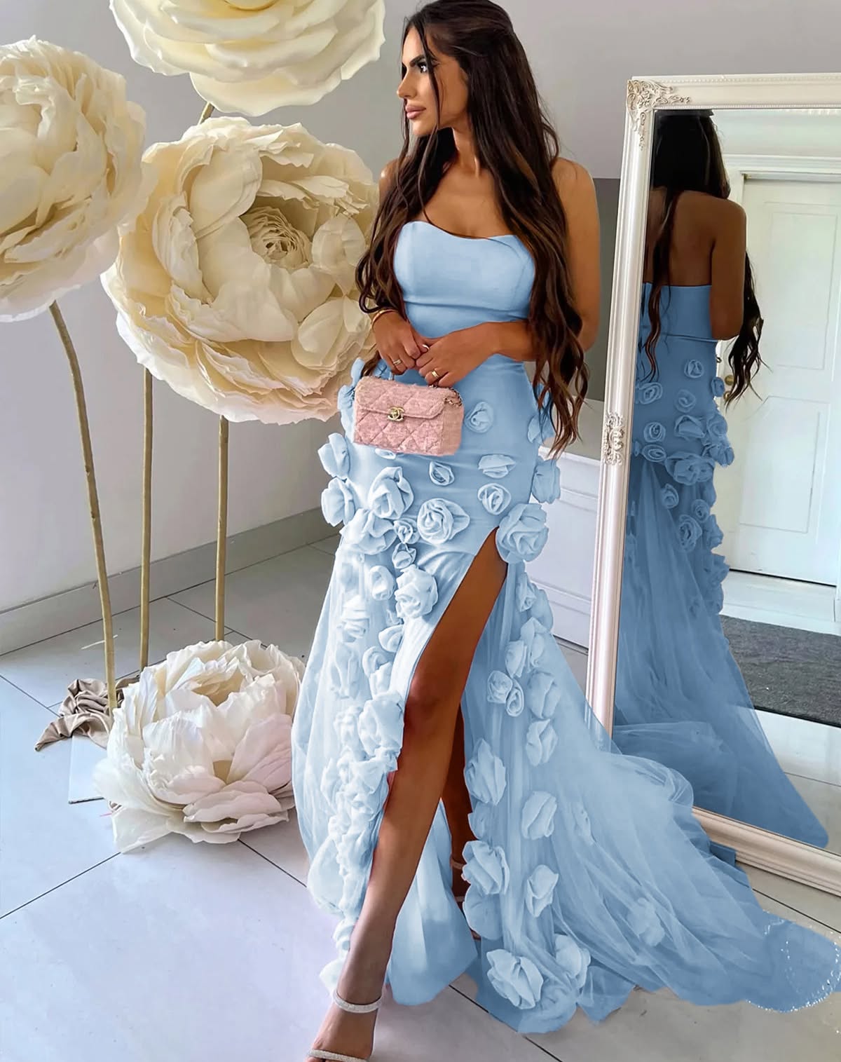 L2991 - Chic A-Line Sweetheart Strapless Floral Embossed Long Prom Dress