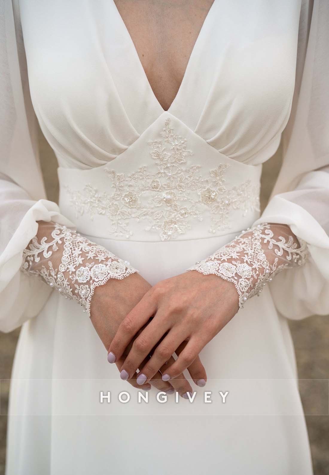 Lace Pleated Cut out Back Long Sleeve V Neck Floor-Length A-line Boho Wedding Dresses
