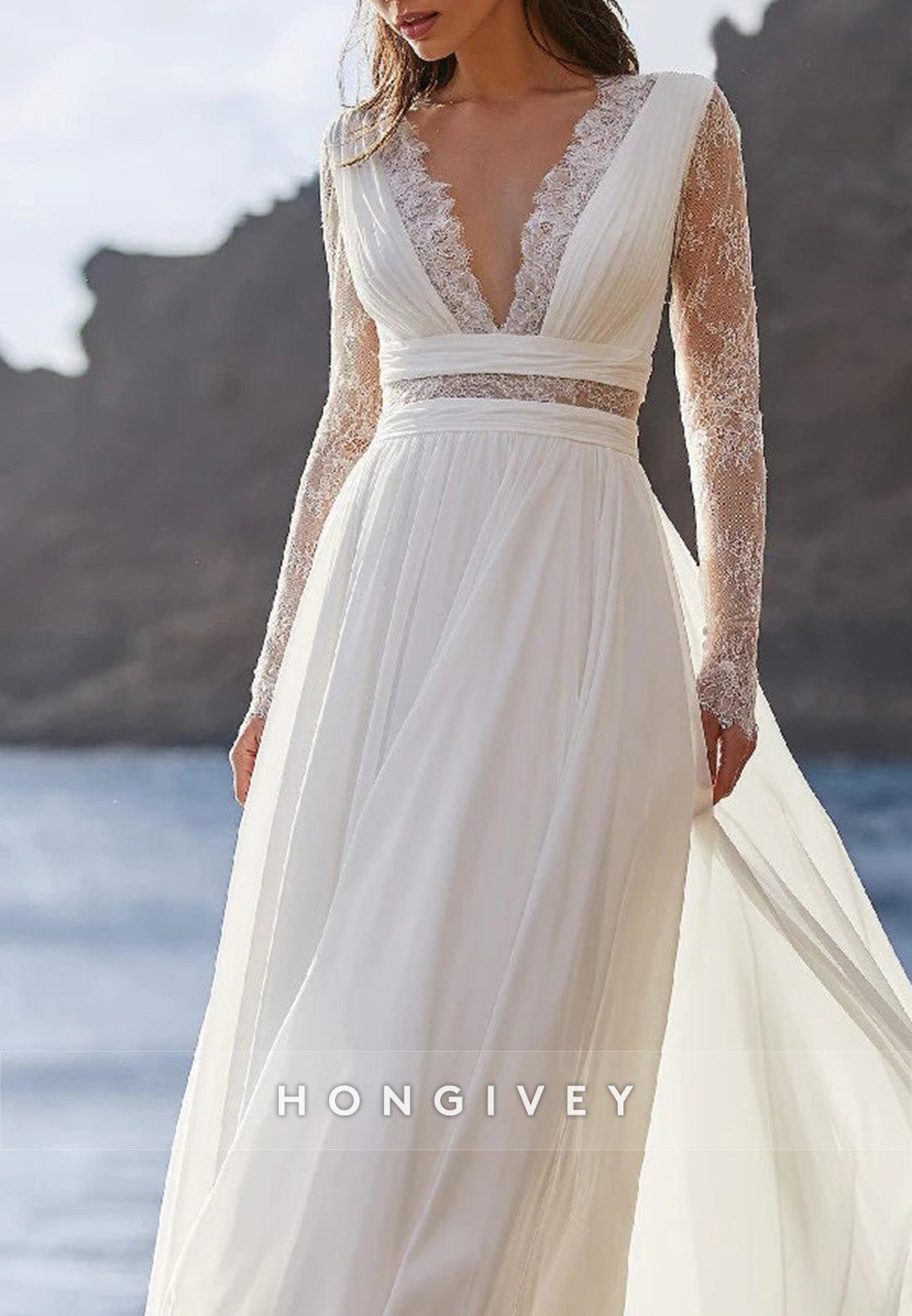 A-line Lace V Neck Floor-Length Long Sleeve Pleated Beach Wedding Dresses