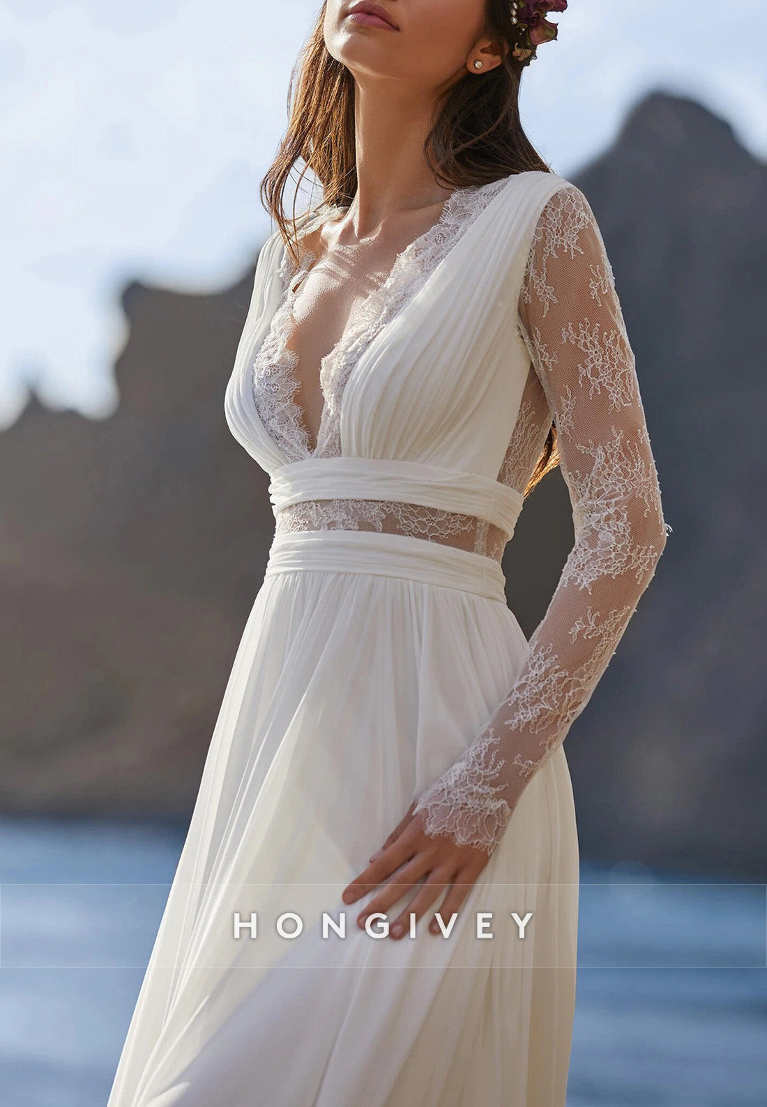 A-line Lace V Neck Floor-Length Long Sleeve Pleated Beach Wedding Dresses
