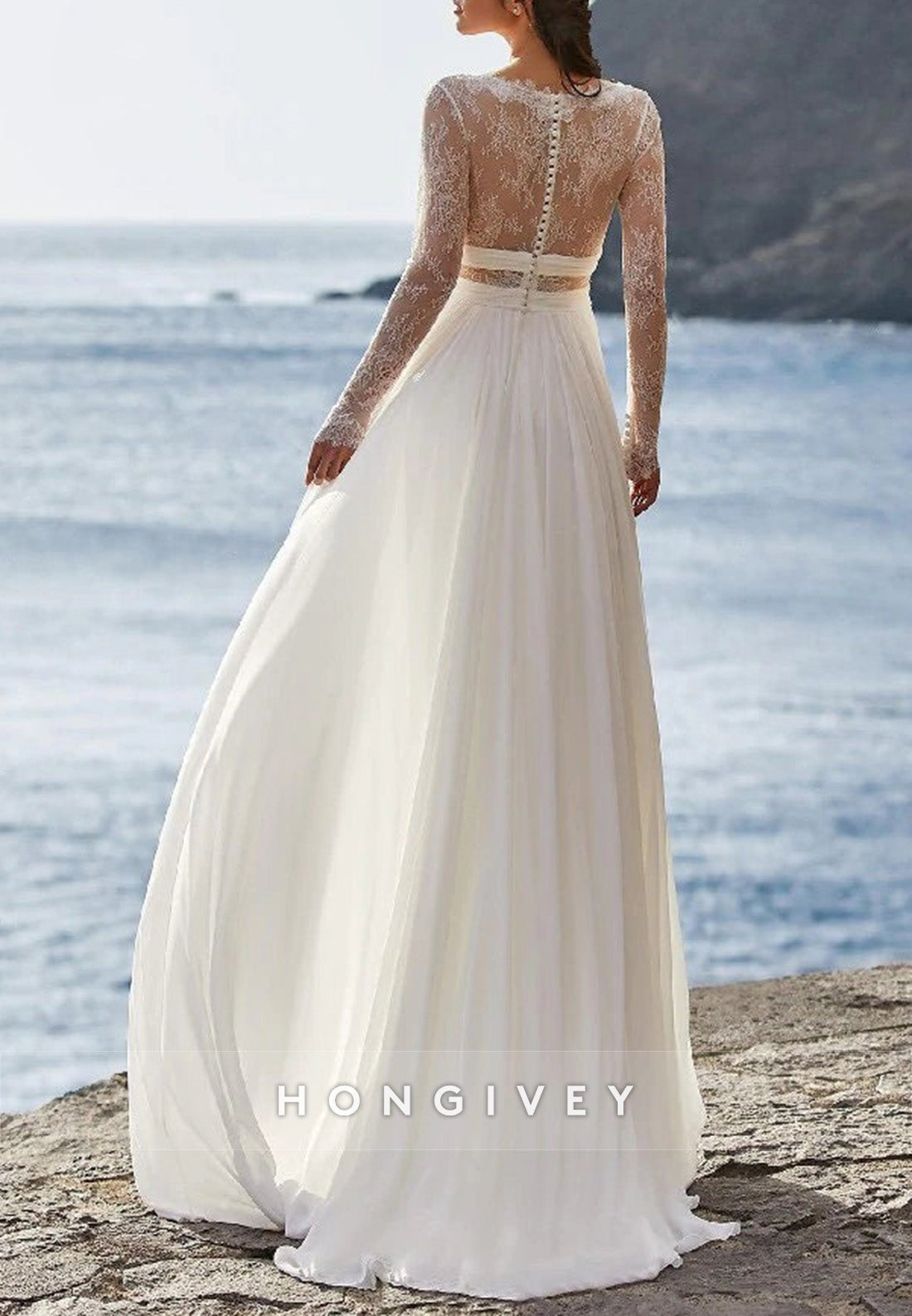 A-line Lace V Neck Floor-Length Long Sleeve Pleated Beach Wedding Dresses
