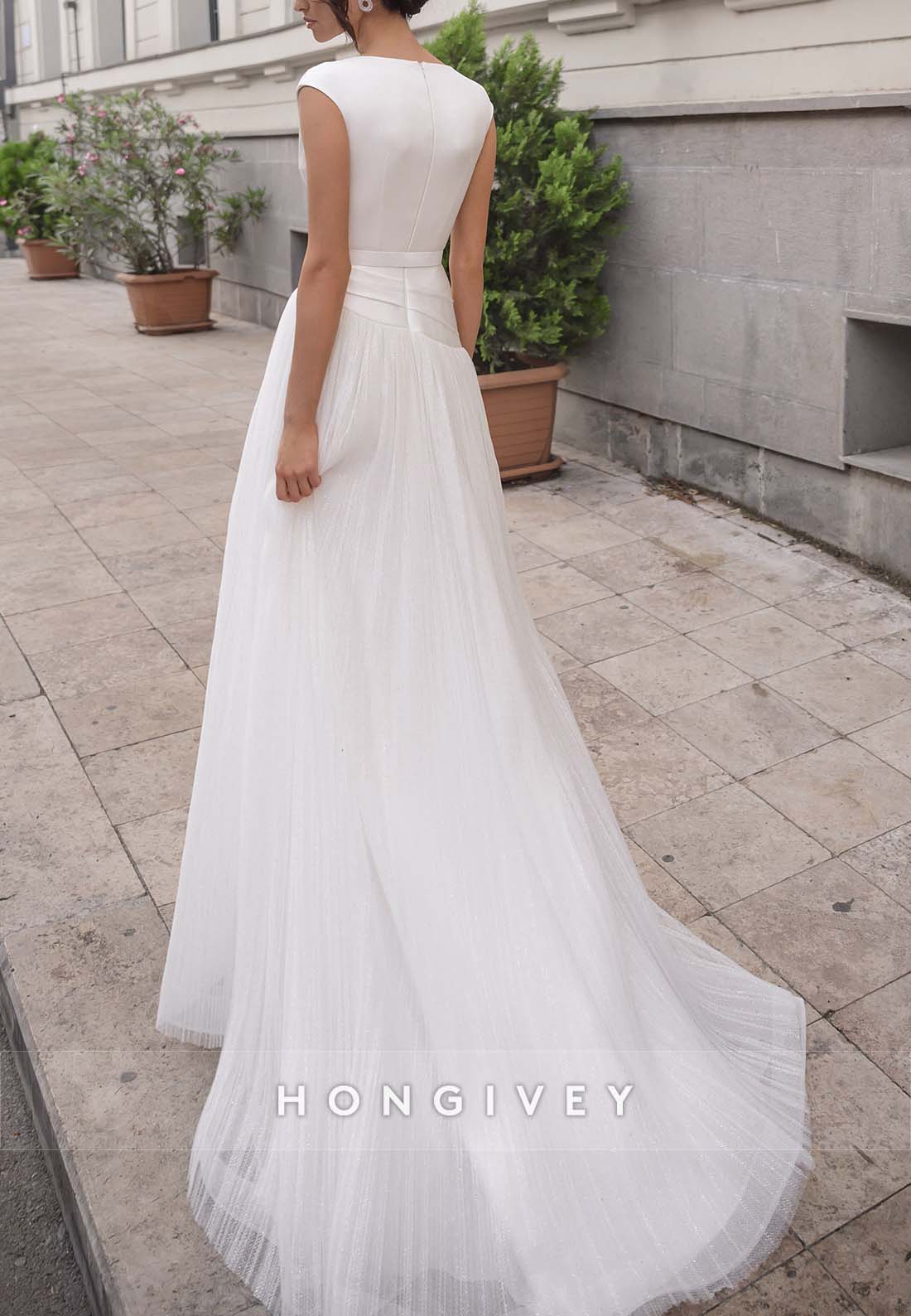 Waistband A-line Court Train V Neck Cap Sleeves Pleated Wedding Dresses