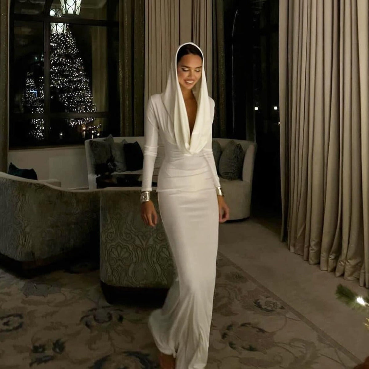 Hooded Long-Sleeve Draped Ruched Column Maxi Dress