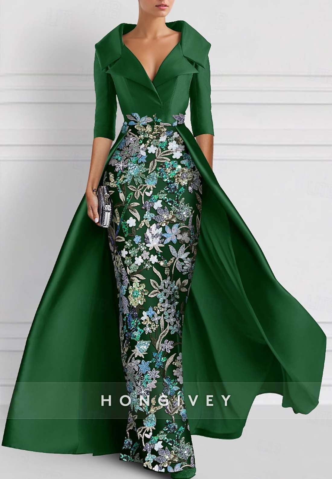 Sheath Floor-Length Evening Gown V Neck Watteau Train Half Sleeve Beading Mother of the Bride
