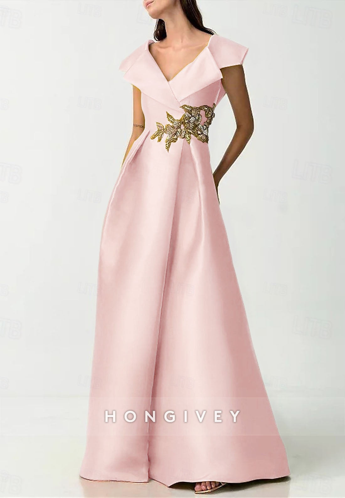 Pleated Appliqued Satin Cap Sleeves Evening Gown V Back Pockets Floor-Length A-line Mother of the Bride