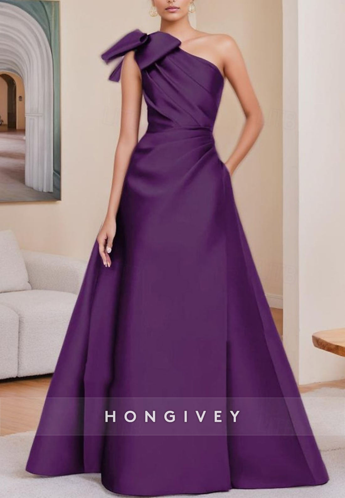 A-line Floor-Length Formal Dresses Mother of Bride One Shoulder Satin Pleated Bowknot Evening Gown