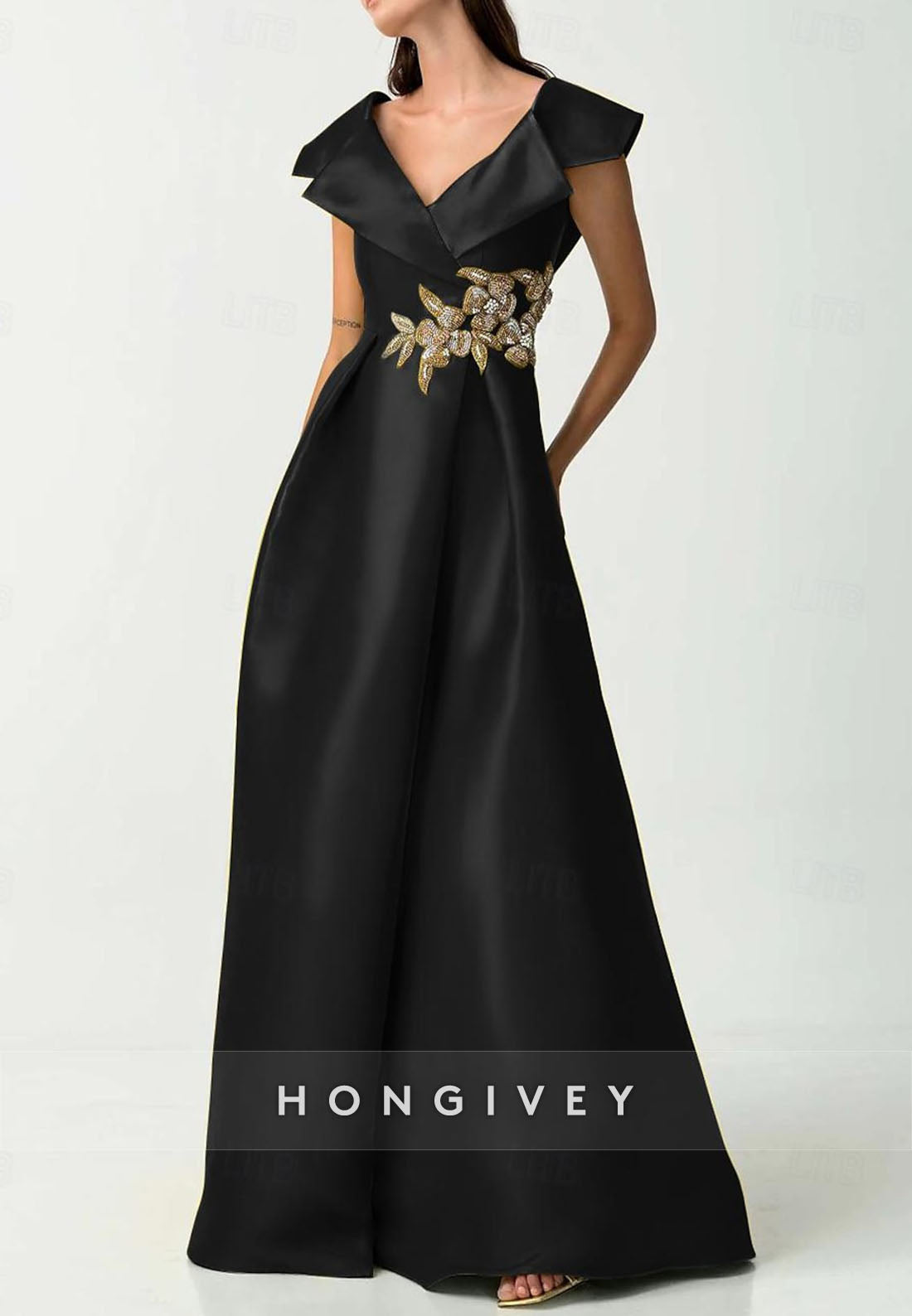 Pleated Appliqued Satin Cap Sleeves Evening Gown V Back Pockets Floor-Length A-line Mother of the Bride