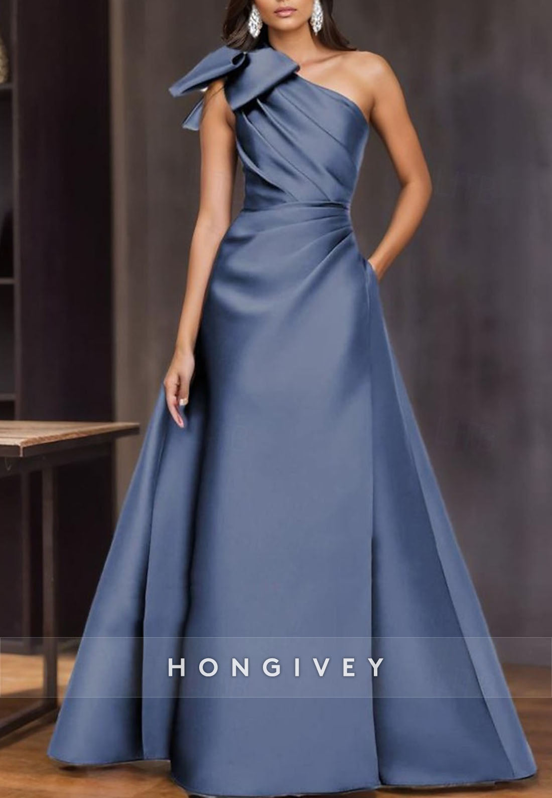 A-line Floor-Length Formal Dresses Mother of Bride One Shoulder Satin Pleated Bowknot Evening Gown