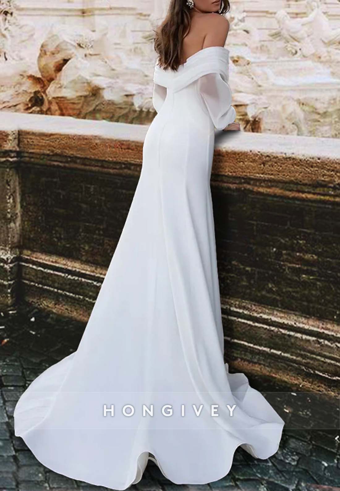 Off the Shoulder Court Train Pleated Trumpet Long Sleeve Wedding Dresses