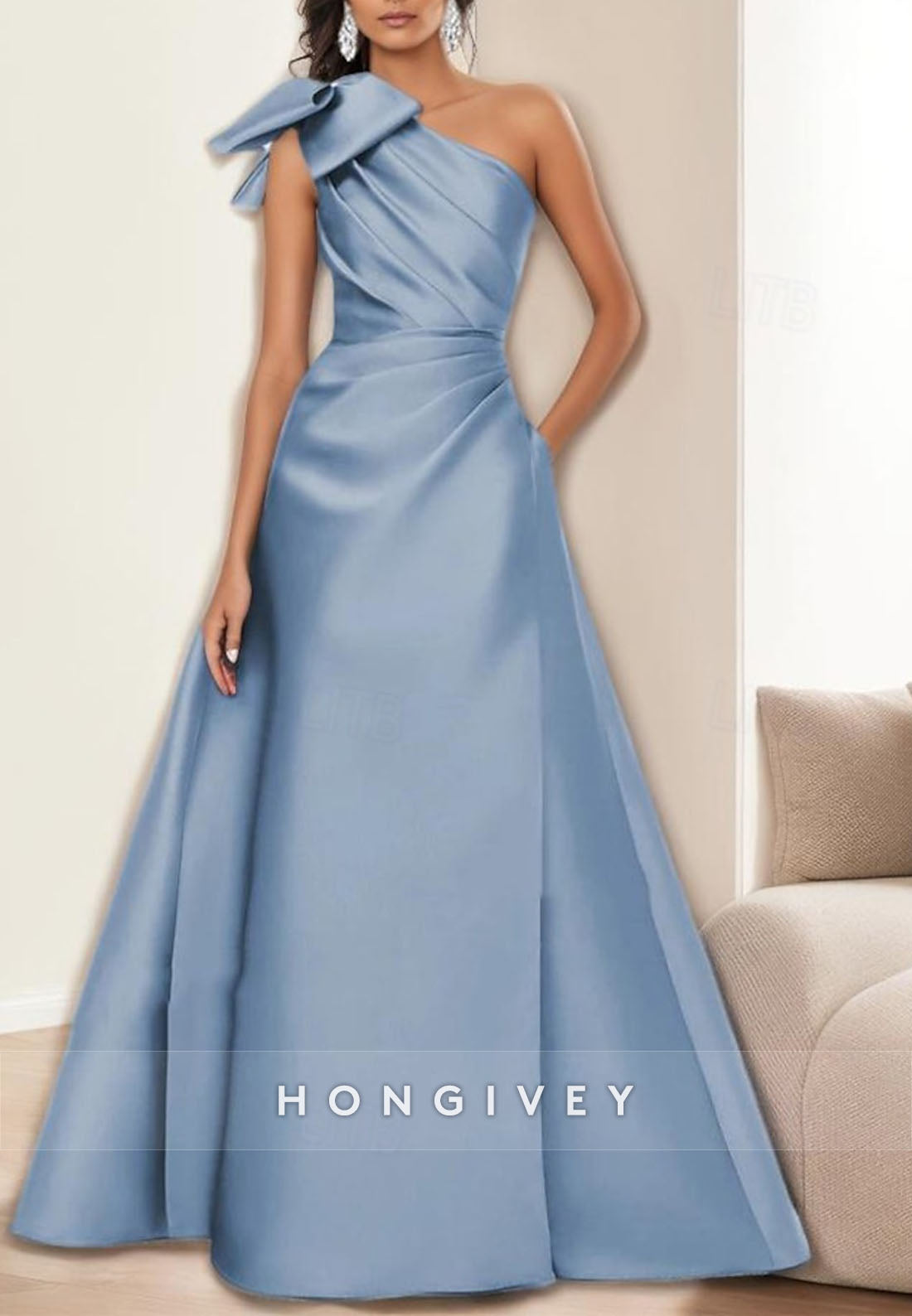 A-line Floor-Length Formal Dresses Mother of Bride One Shoulder Satin Pleated Bowknot Evening Gown