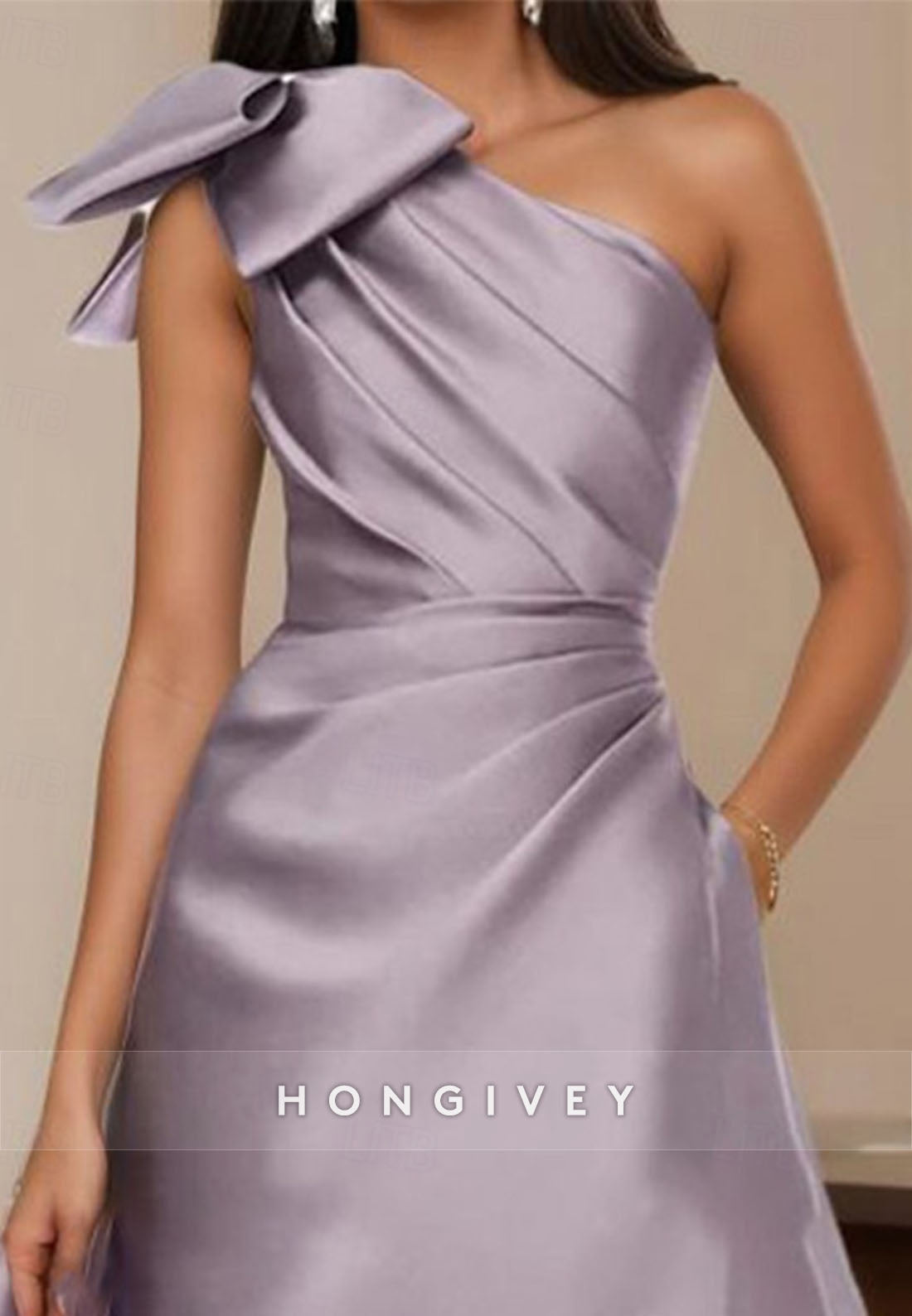 A-line Floor-Length Formal Dresses Mother of Bride One Shoulder Satin Pleated Bowknot Evening Gown
