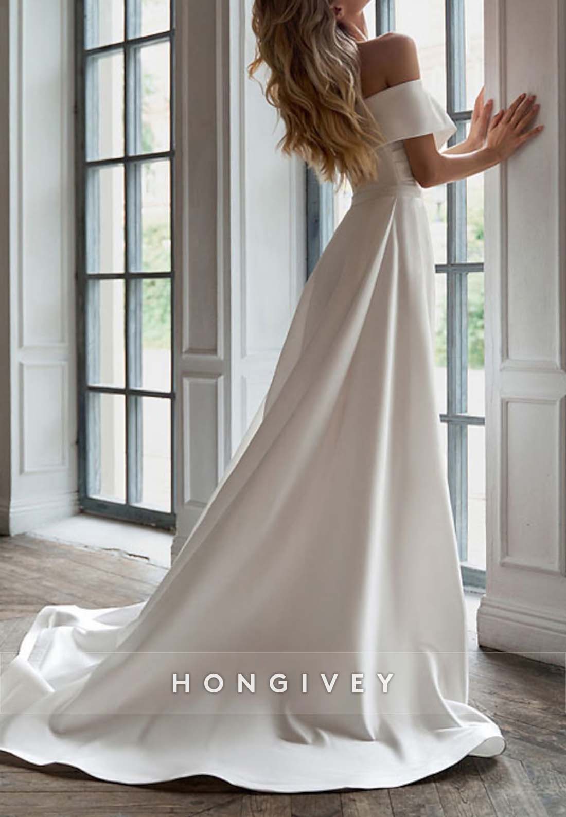 Simple Short Asymmetrical Detachable Off the Shoulder Sheath Pleated Wedding Dresses