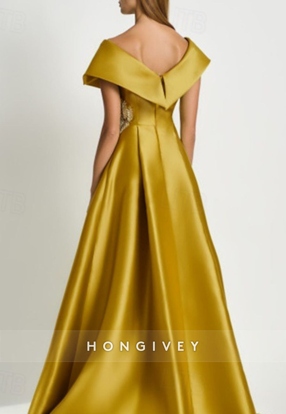 Pleated Appliqued Satin Cap Sleeves Evening Gown V Back Pockets Floor-Length A-line Mother of the Bride
