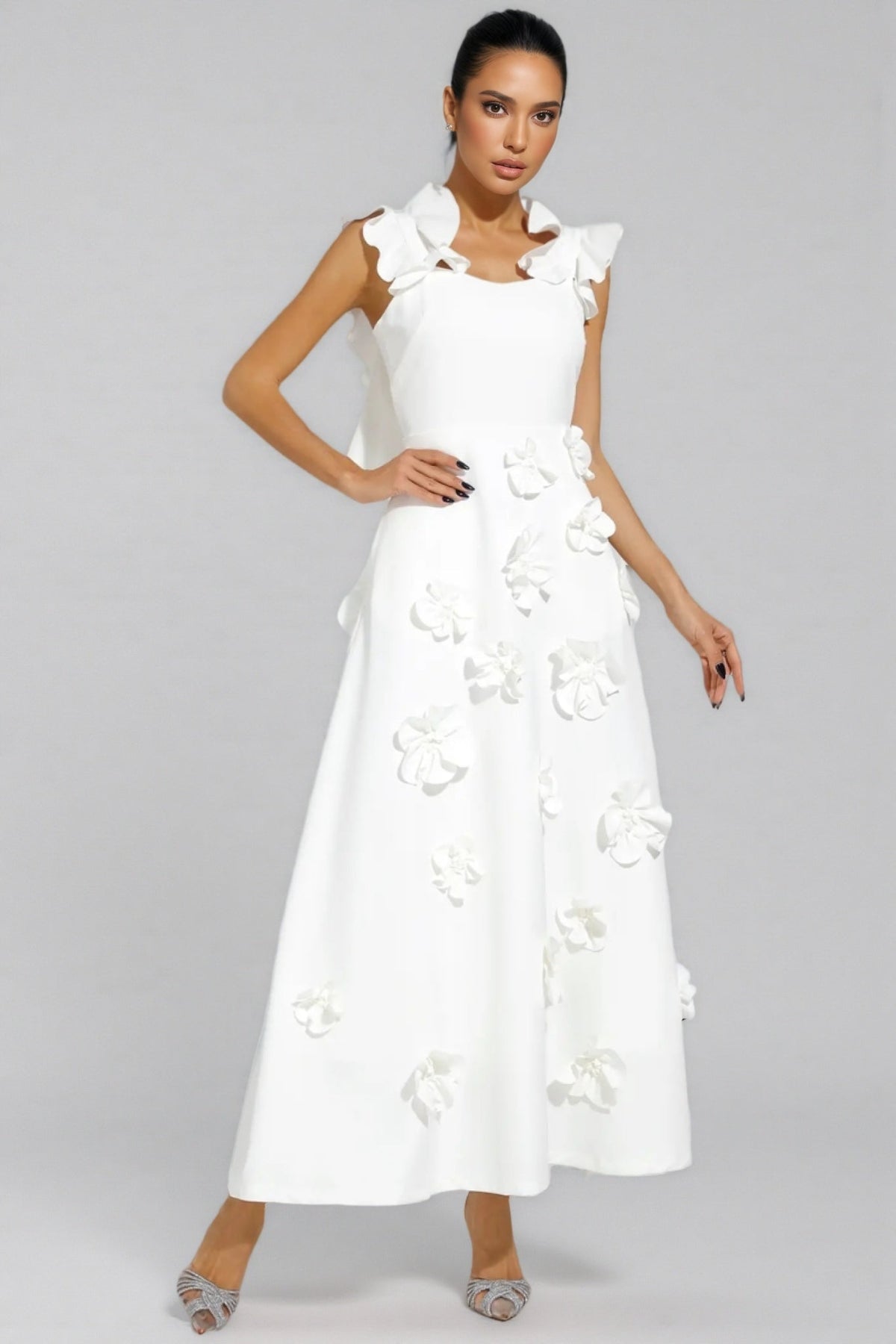 Ruffle Neck 3D Floral Appliqué Fit and Flare A-Line Maxi Gown - View 6