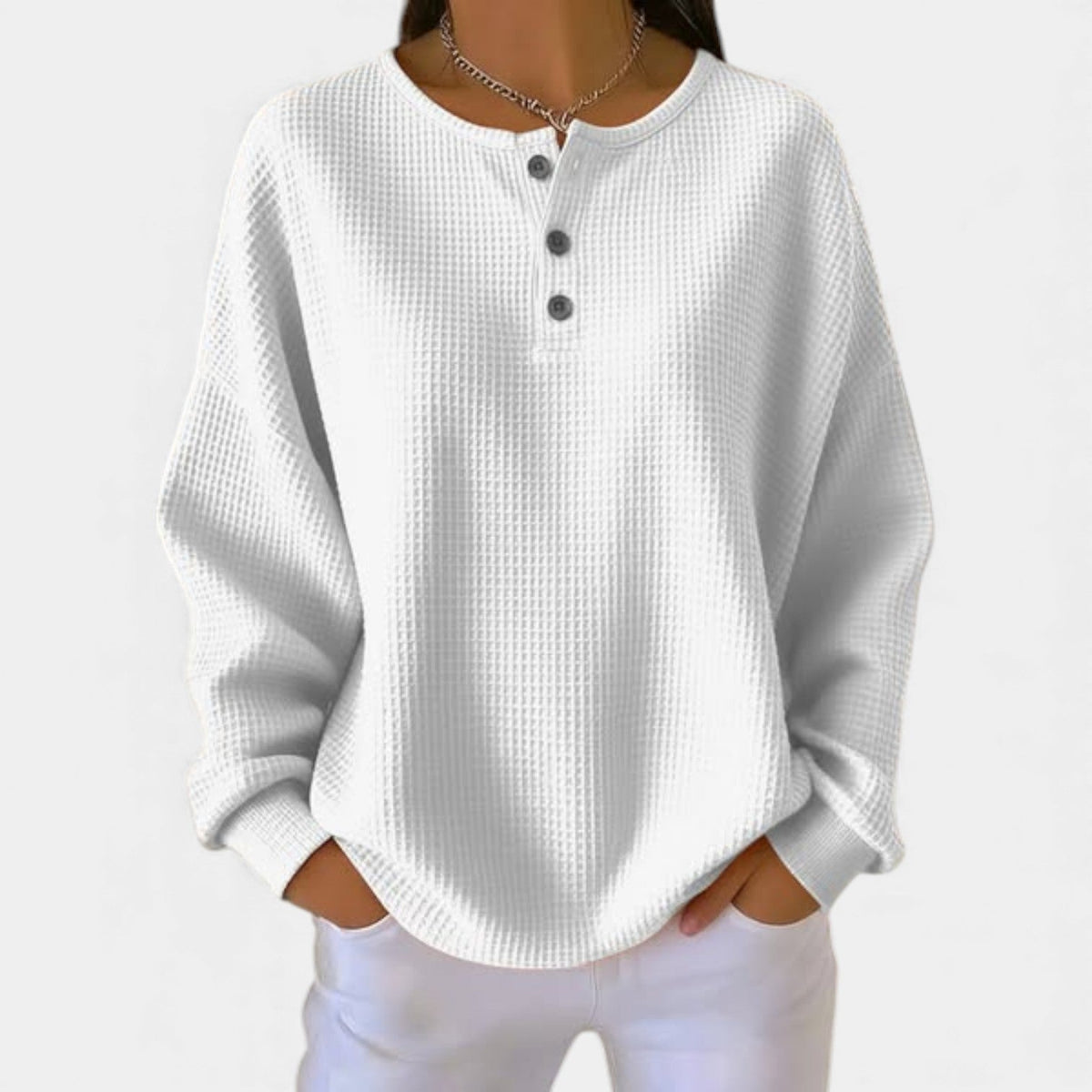 Waffle Knit Button Henley Long Sleeve Sweater 4