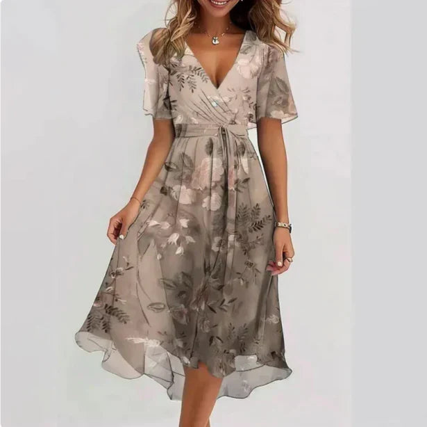 Floral Print Deep V-Neck Flutter Sleeve Wrap Belted Midi Dress - View 3