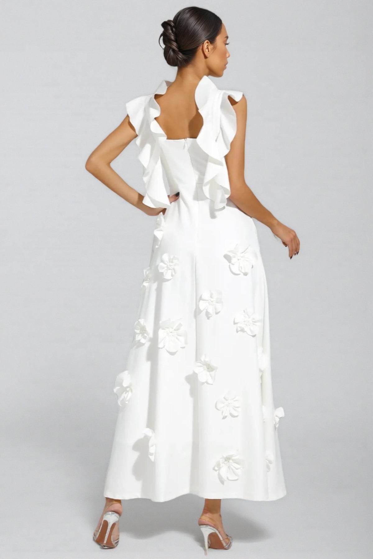 Ruffle Neck 3D Floral Appliqué Fit and Flare A-Line Maxi Gown - View 3