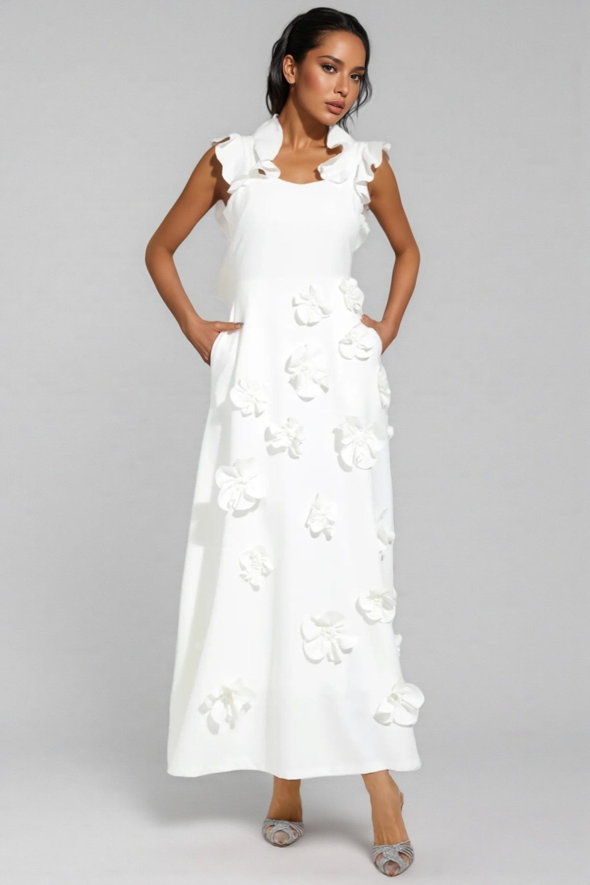 Ruffle Neck 3D Floral Appliqué Fit and Flare A-Line Maxi Gown - View 4