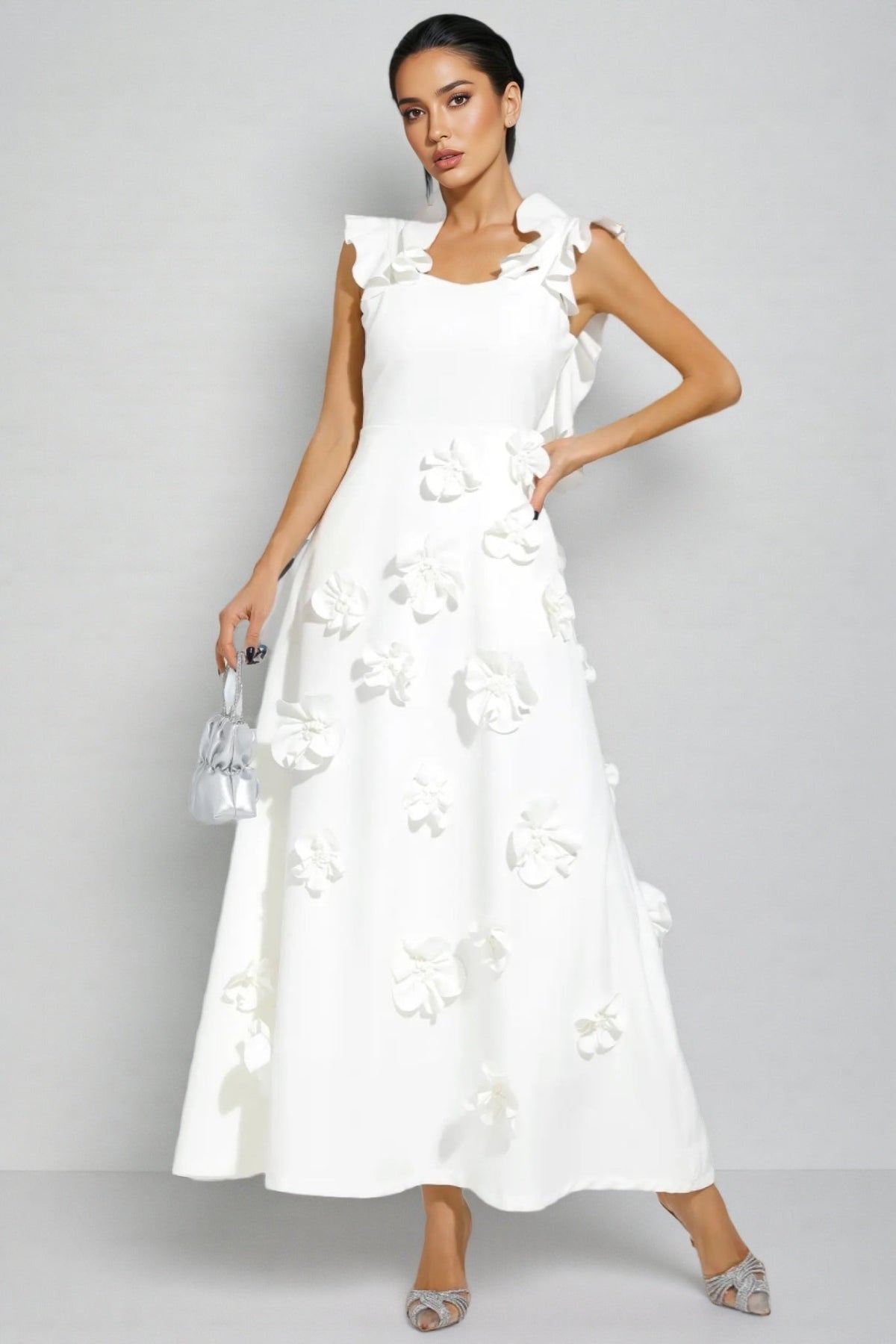 Ruffle Neck 3D Floral Appliqué Fit and Flare A-Line Maxi Gown