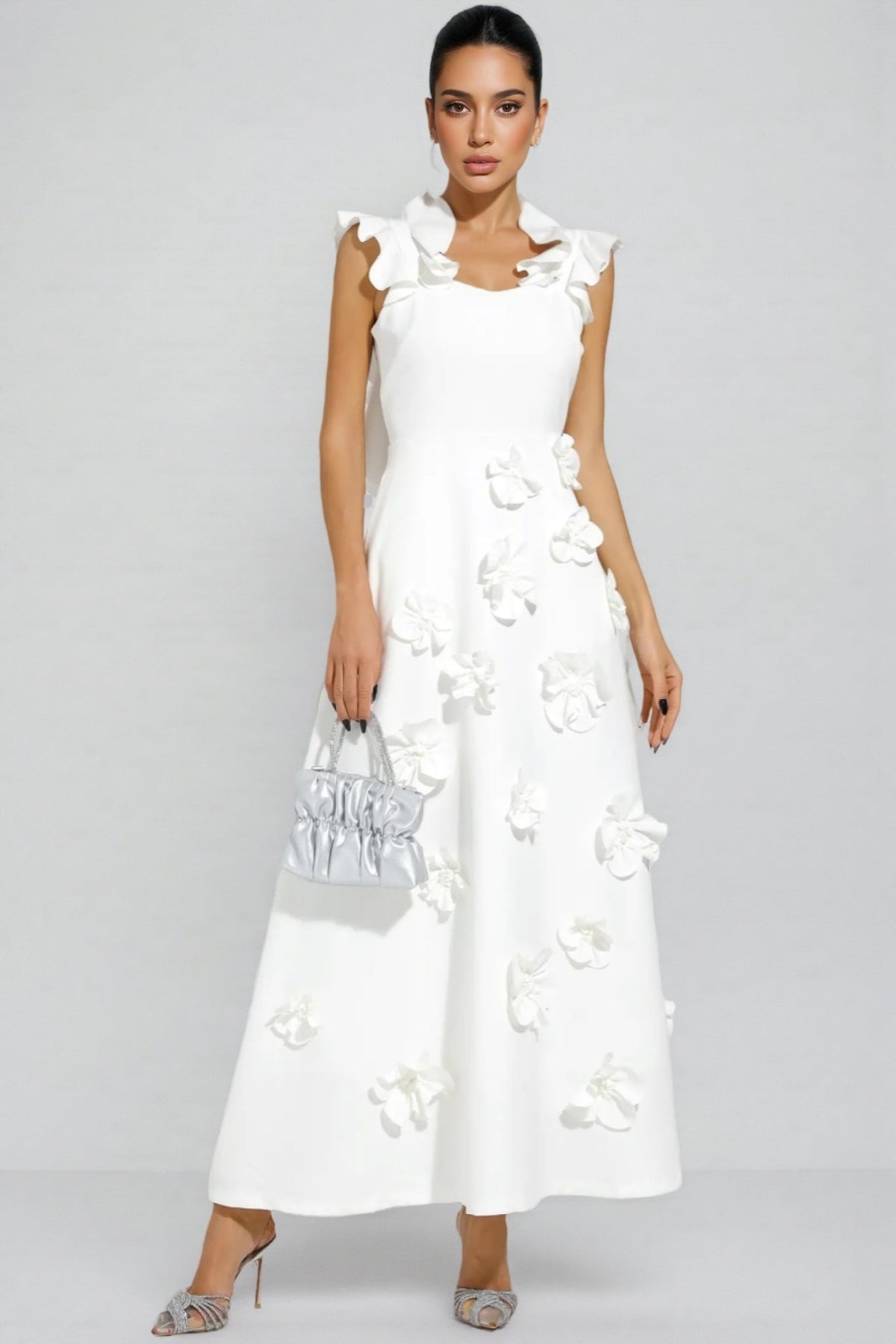 Ruffle Neck 3D Floral Appliqué Fit and Flare A-Line Maxi Gown - View 5