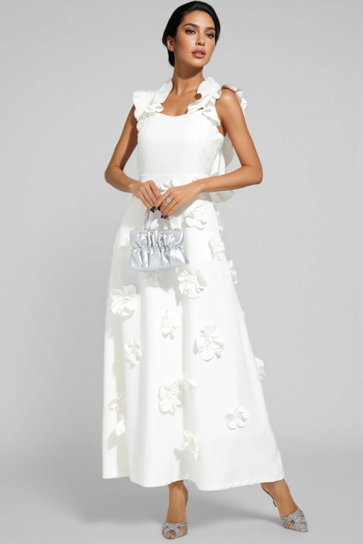 Ruffle Neck 3D Floral Appliqué Fit and Flare A-Line Maxi Gown - View 2