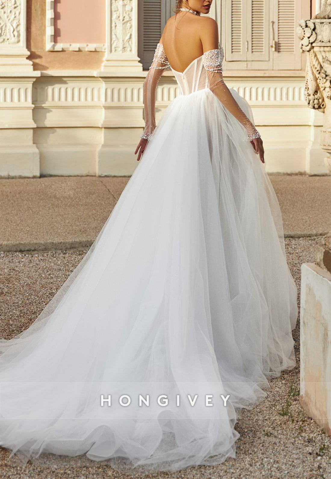Tulle Off the Shoulder Ball Gown Chapel Train Strapless Low Back Wedding Dresses