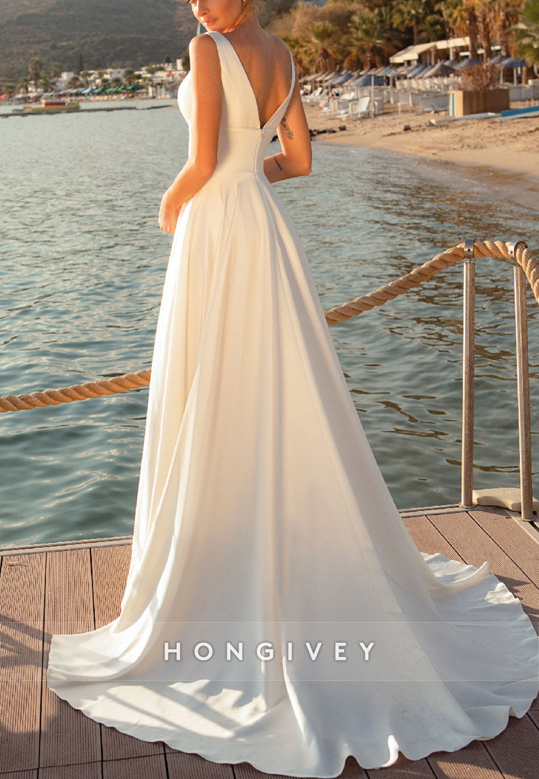 V Neck A-line Pleated Satin Sweep Train Cap Straps V Back Wedding Dresses