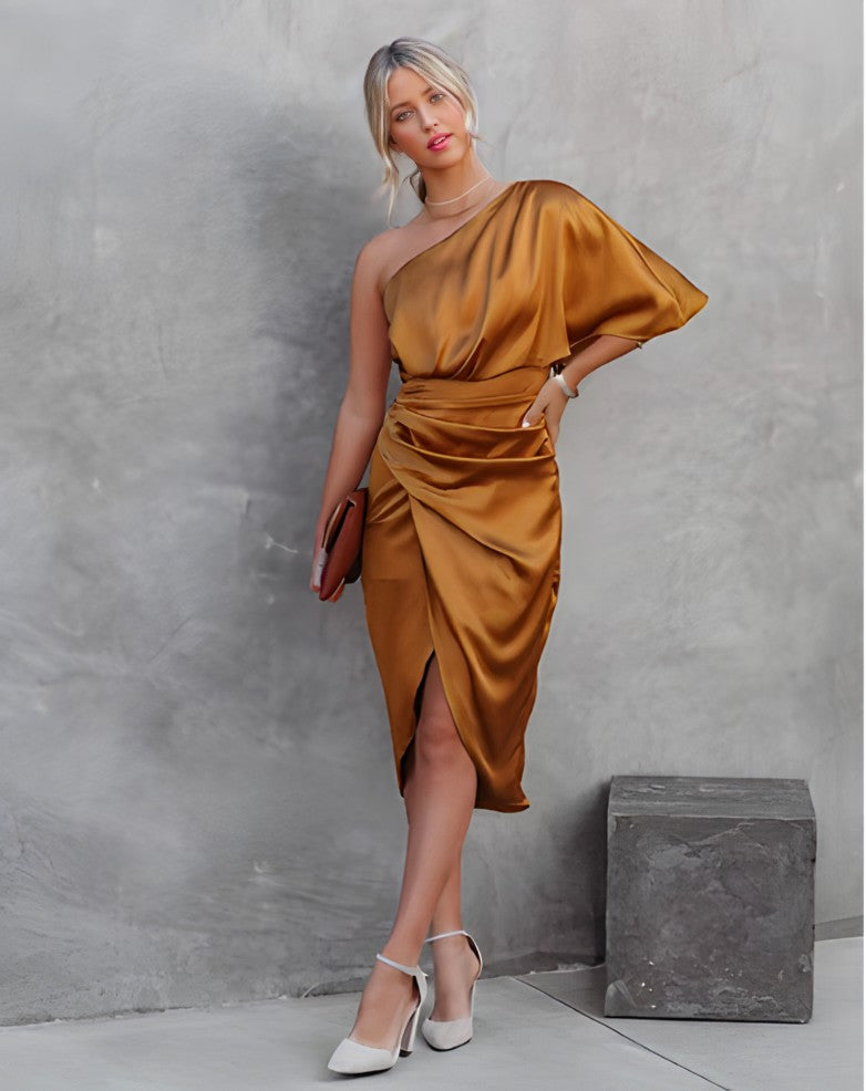 Satin One Shoulder Ruched Wrap High Split Mini Party Dress - View 17
