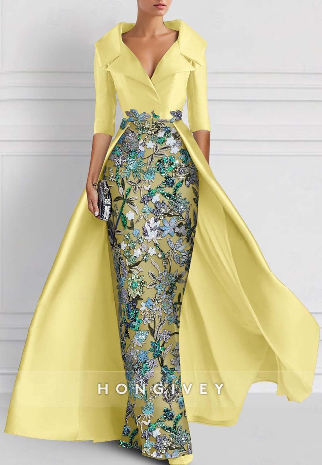 Sheath Floor-Length Evening Gown V Neck Watteau Train Half Sleeve Beading Mother of the Bride