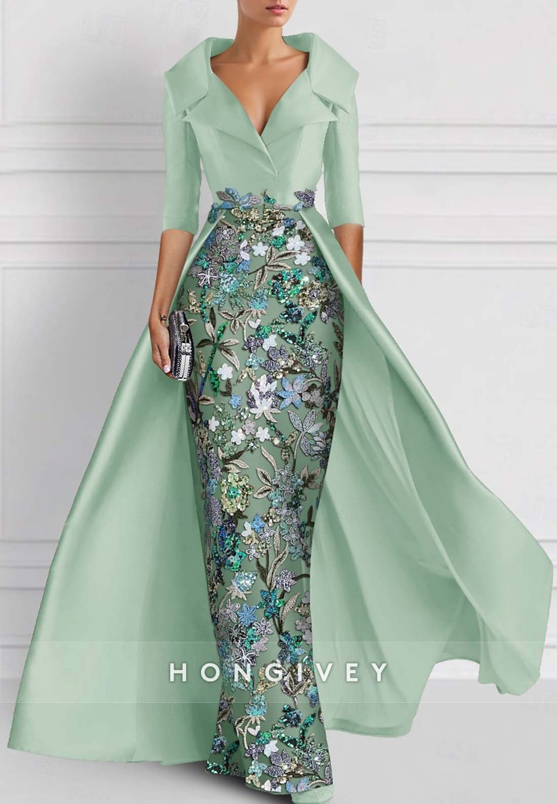 Sheath Floor-Length Evening Gown V Neck Watteau Train Half Sleeve Beading Mother of the Bride