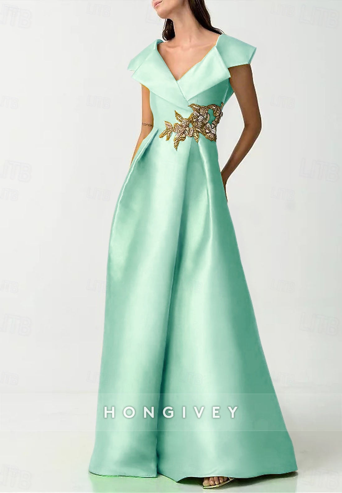 Pleated Appliqued Satin Cap Sleeves Evening Gown V Back Pockets Floor-Length A-line Mother of the Bride