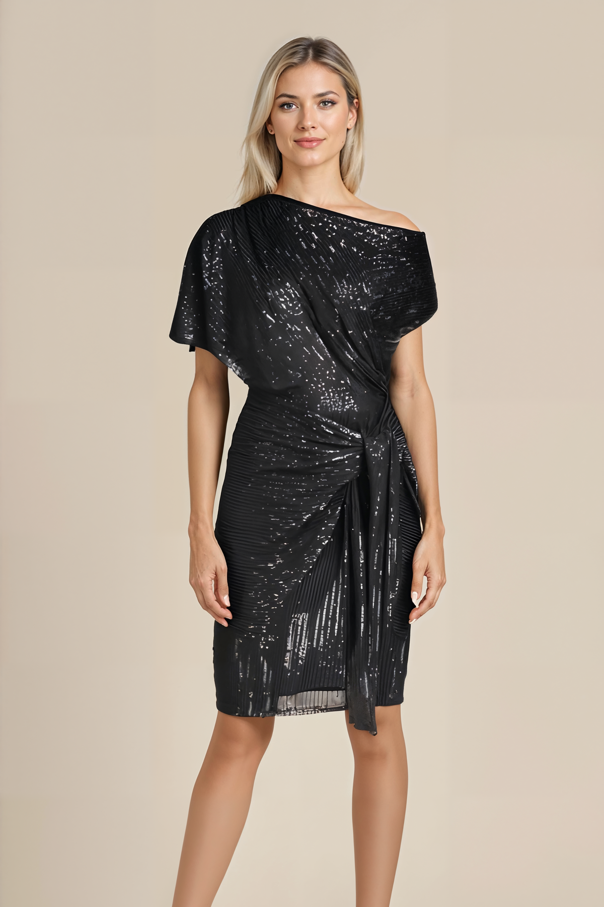 Asymmetric Neck Metallic Shimmer Draped Tie Waist Mini Dress