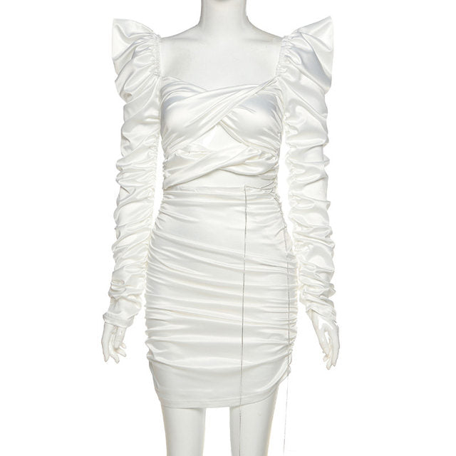 Satin Ruched Long Sleeve Lace-Up Cutout Bodycon Mini Dress