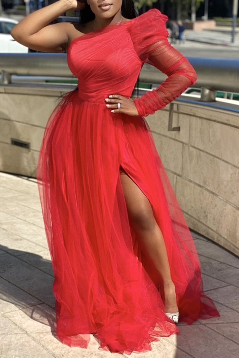 Plus Size Single Sleeve Elegant Party Wedding Guests Bridesmaid Tulle Maxi Dress Fashionpara