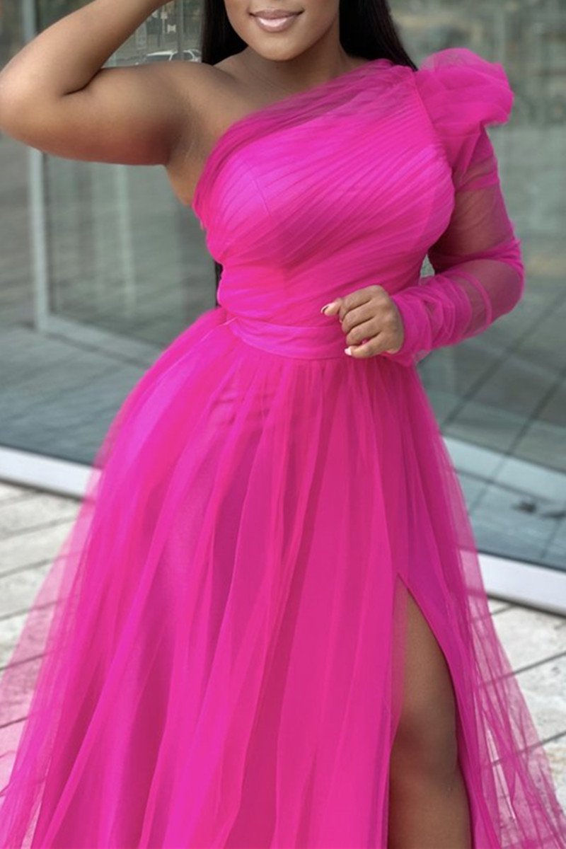 Plus Size Single Sleeve Elegant Party Wedding Guests Bridesmaid Tulle Maxi Dress Fashionpara
