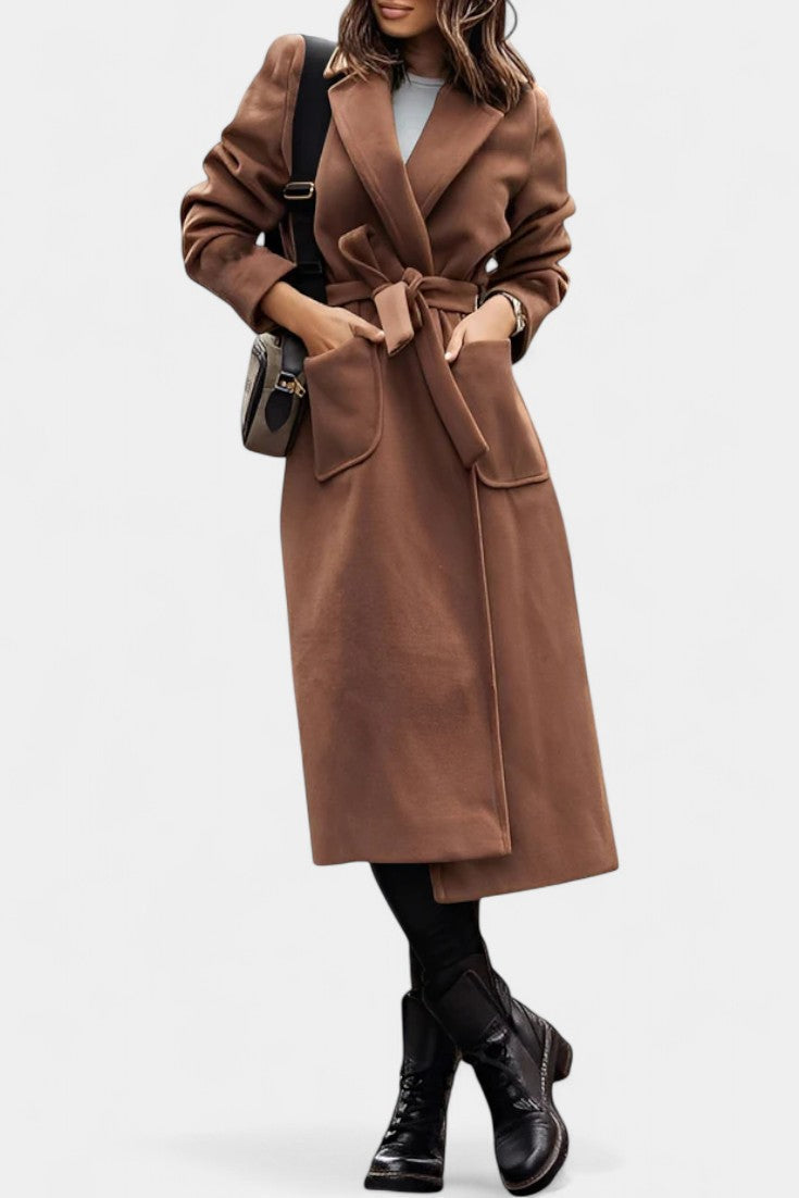 Notched Lapel Belted Patch Pocket Longline Coat
