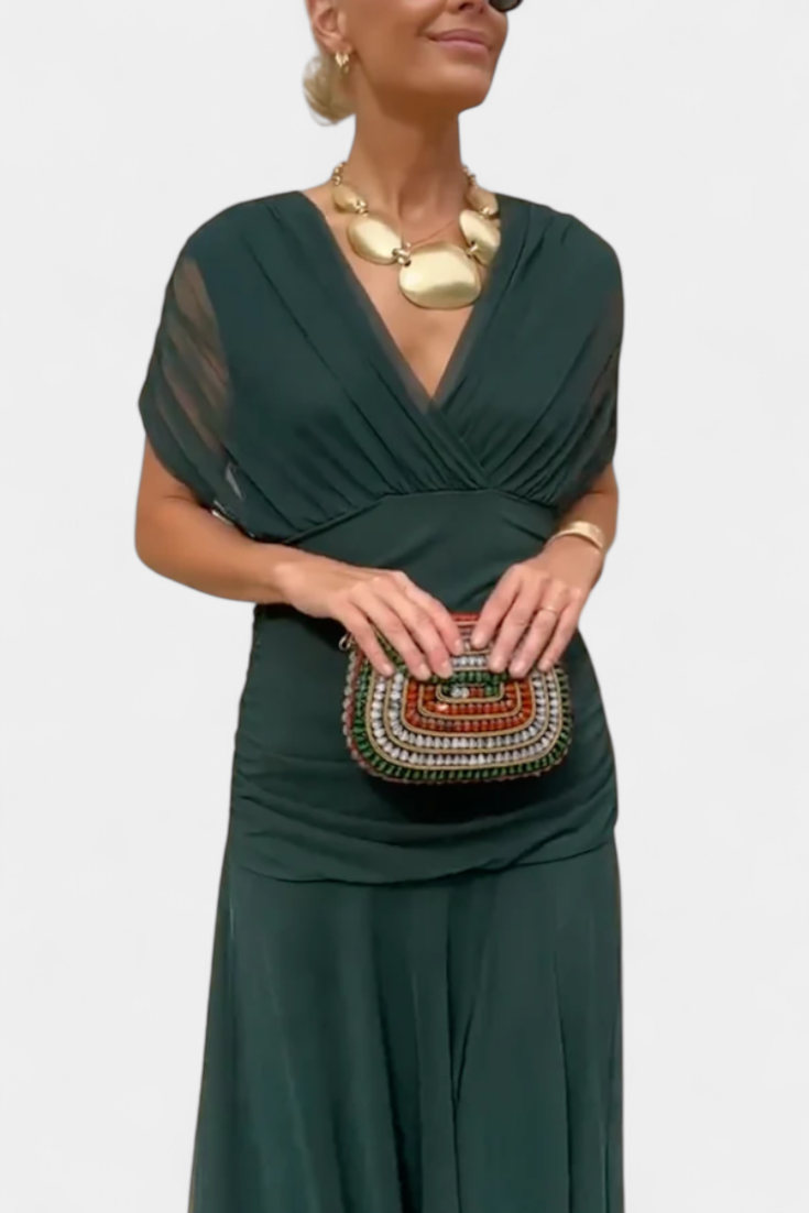 Deep V-Neck Ruched Draped Mesh Midi Dress 14