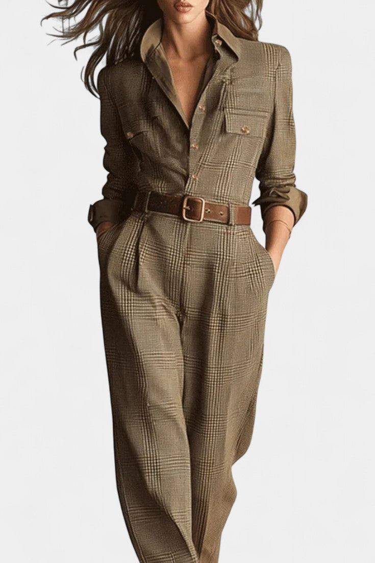 Plaid Collared Long Sleeve Belted Tapered Jumpsuit 2
