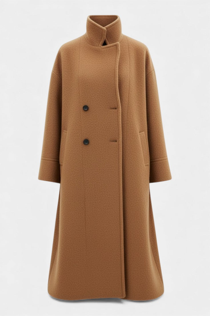 Double Breasted Stand Collar Longline Wool Look Coat 3