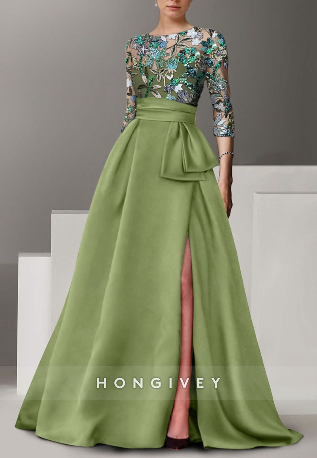 A-line Floor-Length High Slit Illusion Neck Evening Gown Beading 3/4 Sleeve Pleated Formal Dresses