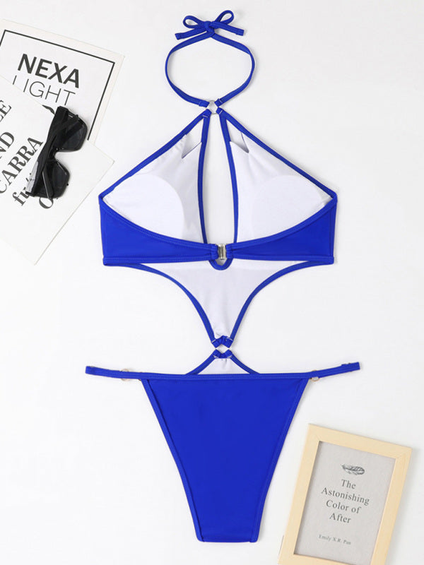 New one-piece multicolor hollow sexy pearl chain halter neck swimsuit - Fashionpara