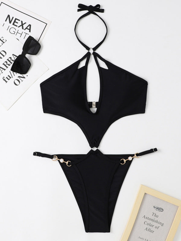 New one-piece multicolor hollow sexy pearl chain halter neck swimsuit - Fashionpara