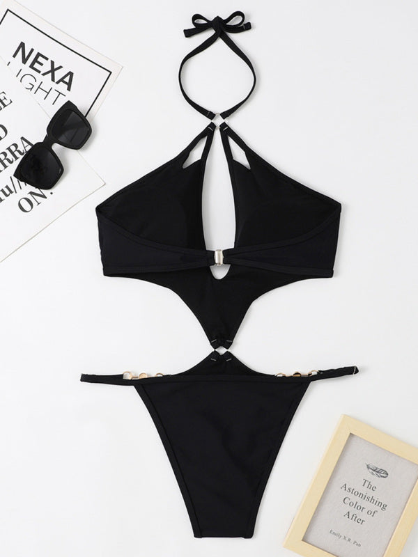 New one-piece multicolor hollow sexy pearl chain halter neck swimsuit - Fashionpara