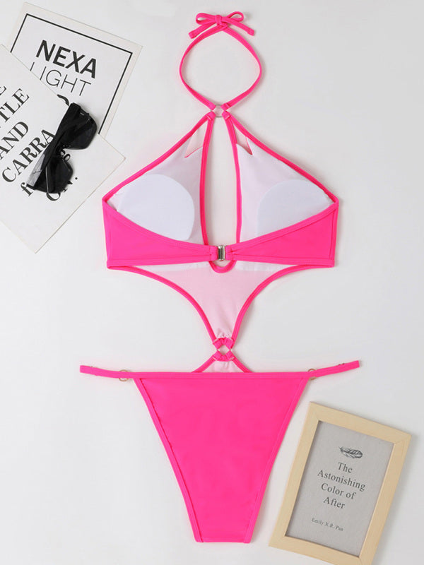 New one-piece multicolor hollow sexy pearl chain halter neck swimsuit - Fashionpara