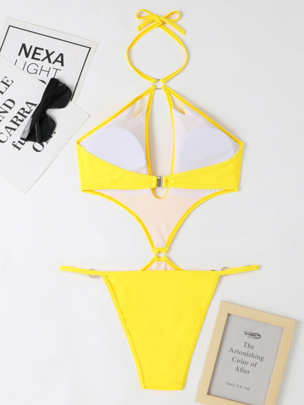 New one-piece multicolor hollow sexy pearl chain halter neck swimsuit - Fashionpara